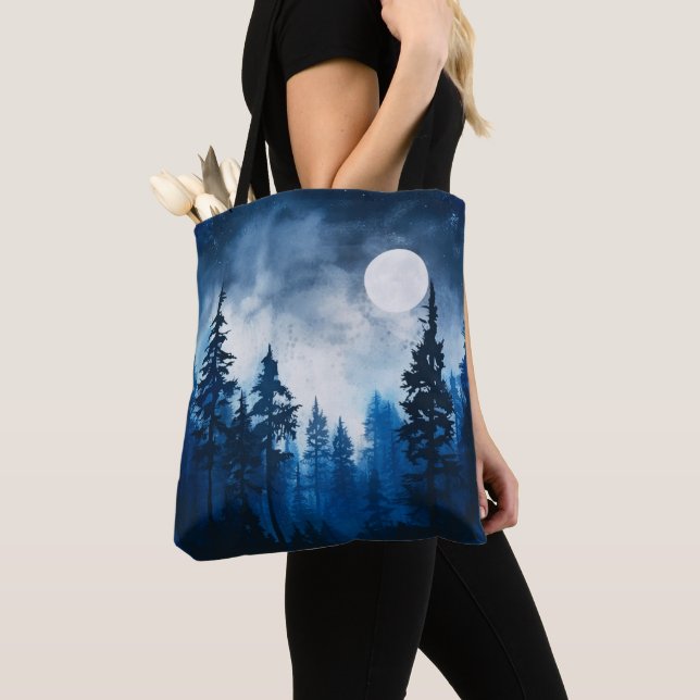 Spooky Forest Full Moon Blue and White Halloween Tote Bag (Close Up)