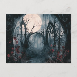 Spooky Forest Full Moon Red Roses Halloween Holiday Postcard