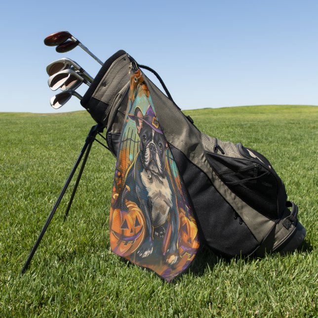 Spooky French Bulldog Halloween Witch And Pumpkin Golf Towel (Green)