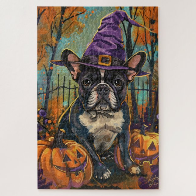 Spooky French Bulldog Halloween Witch And Pumpkin Jigsaw Puzzle (Vertical)