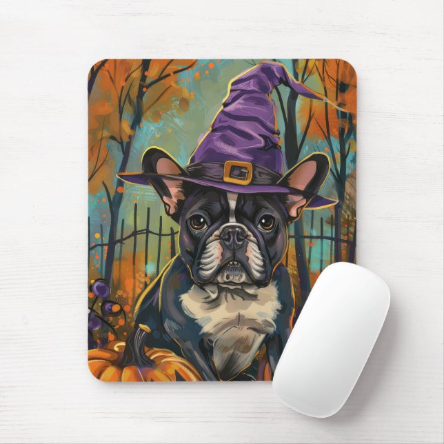 Spooky French Bulldog Halloween Witch And Pumpkin Mouse Pad (With Mouse)