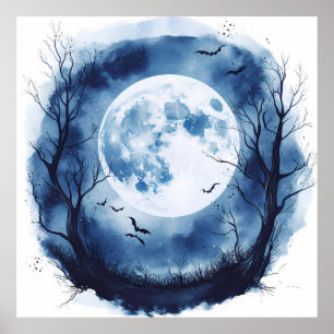 Spooky Full Moon with Bats Halloween Night Poster