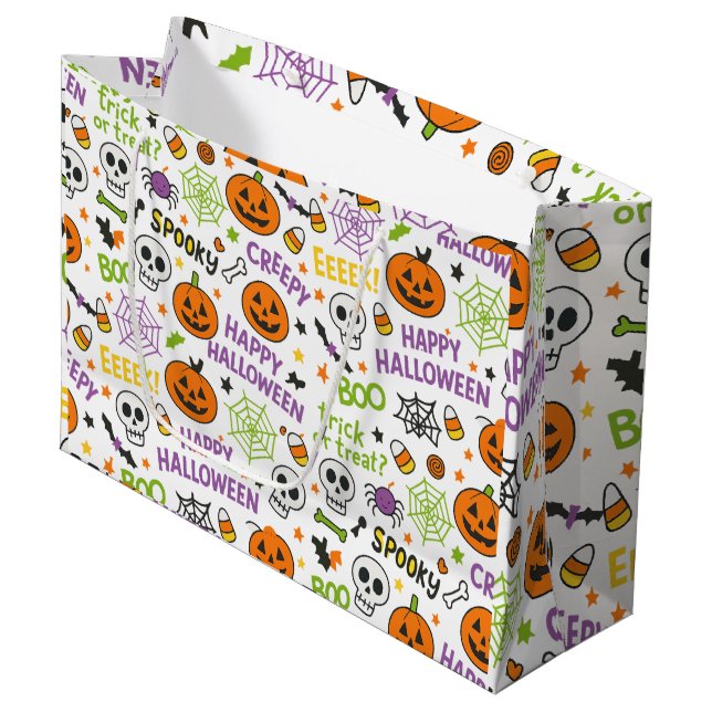 Spooky & Fun Pumpkin - Colourful Halloween Pattern Large Gift Bag (Front Angled)