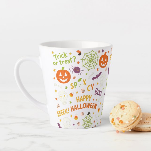 Spooky & Fun Pumpkin - Colourful Halloween Pattern Latte Mug (In Situ)