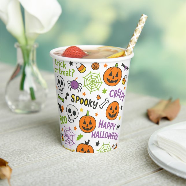 Spooky & Fun Pumpkin - Colourful Halloween Pattern Paper Cups (Insitu)