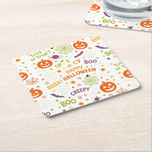 Spooky & Fun Pumpkin - Colourful Halloween Pattern Square Paper Coaster
