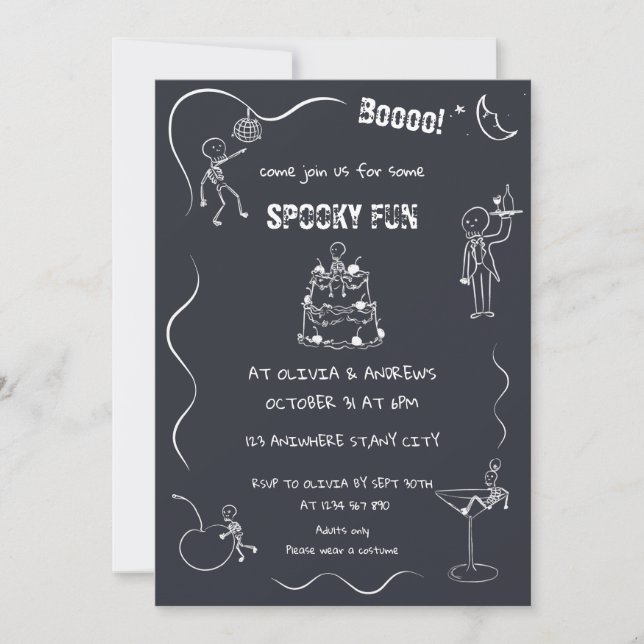 Spooky fun Skeleton Black Adult Halloween Party Invitation (Front)