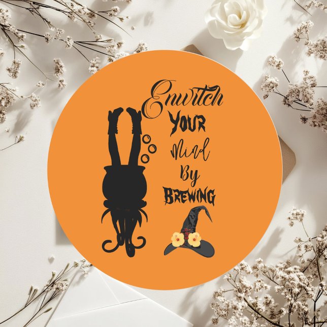 Spooky Funky Halloween Party Cauldron Witch Hat  Classic Round Sticker (Spooky Funky Halloween Party Cauldron Witch Hat Classic Round Sticker)