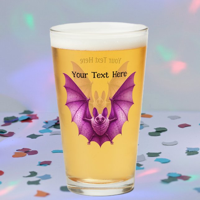 Spooky Furry Vibrant Pink Bat Wings Spread Glass (Vibrant spooky pink furry bat wings spread in flight on glass drinking tumbler.)