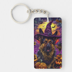 Spooky German Shepherd Halloween Witch Pumpkin  Key Ring