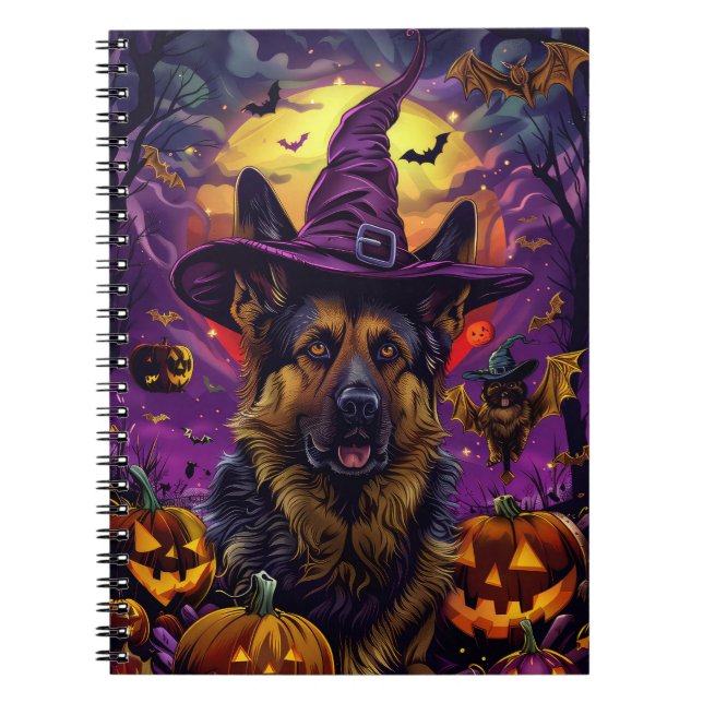 Spooky German Shepherd Halloween Witch Pumpkin  Notebook (Front)