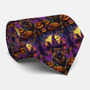 Spooky German Shepherd Halloween Witch Pumpkin Tie