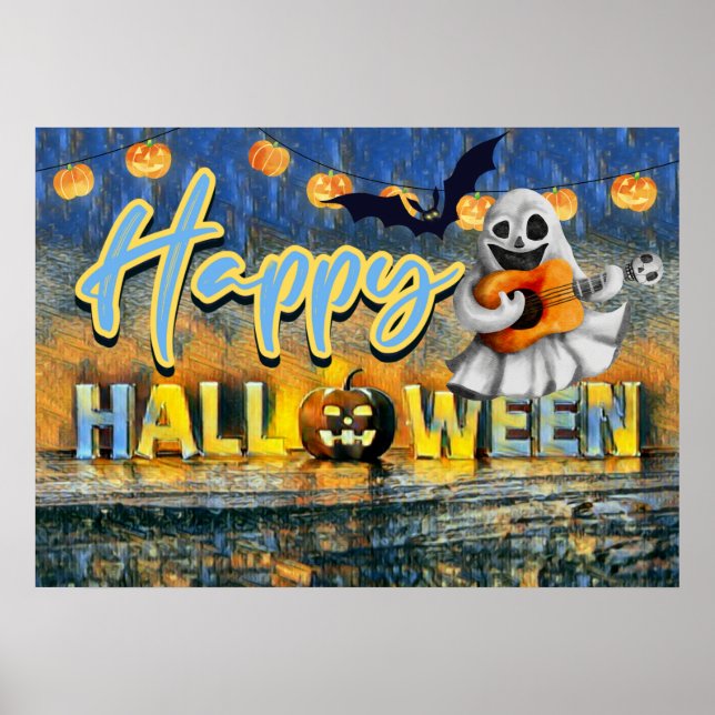 Spooky Ghost, Bat and Jack-o'-lantern Halloween Poster (Front)