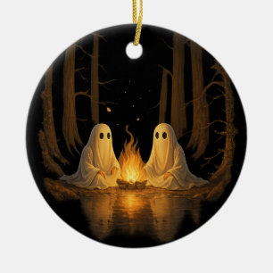 Spooky Ghost Campfire Night Forest Art - Halloween Ceramic Ornament