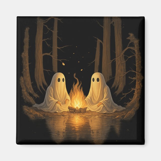 Spooky Ghost Campfire Night Forest Art - Halloween Magnet (Front)