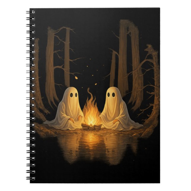 Spooky Ghost Campfire Night Forest Art - Halloween Notebook (Front)