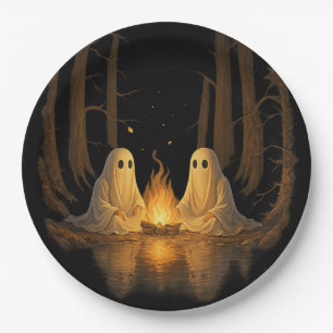 Spooky Ghost Campfire Night Forest Art - Halloween Paper Plate