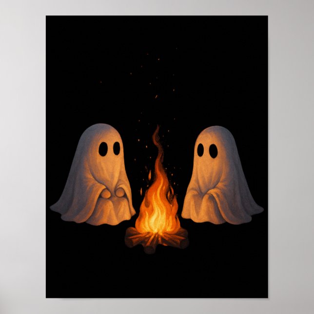 Spooky Ghost Campfire Night Forest Art - Halloween Poster (Front)