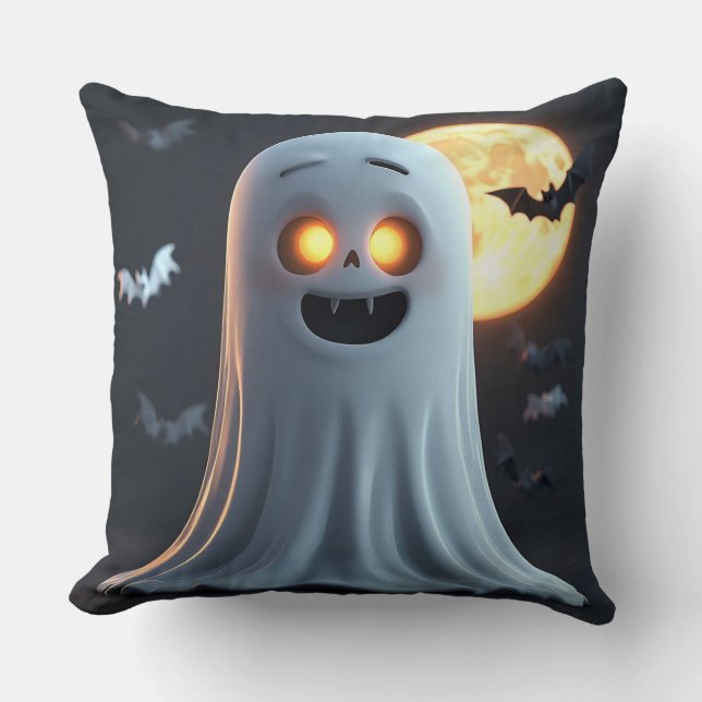 Spooky Ghost Cartoon With Bats Cushion (Front)
