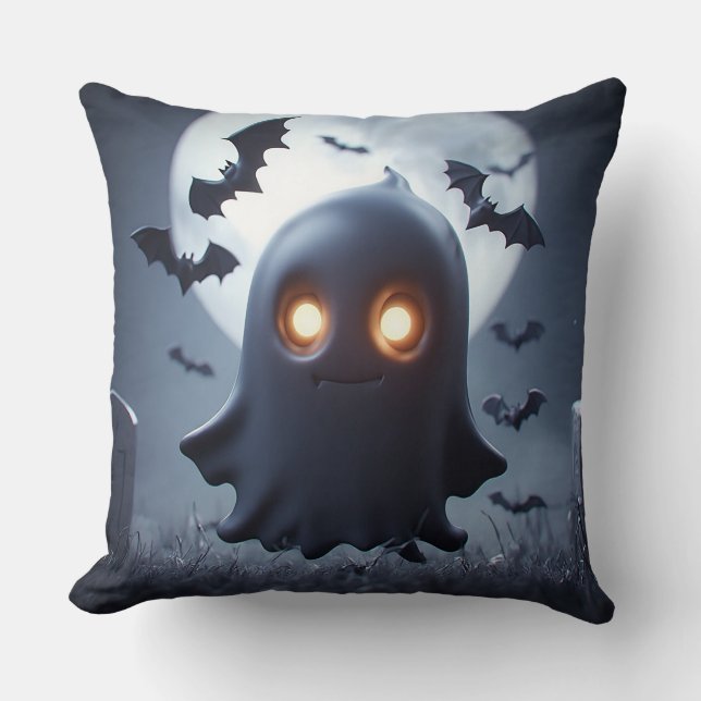 Spooky Ghost Cartoon With Bats Cushion (Front)