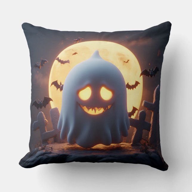 Spooky Ghost Cartoon With Bats Cushion (Front)