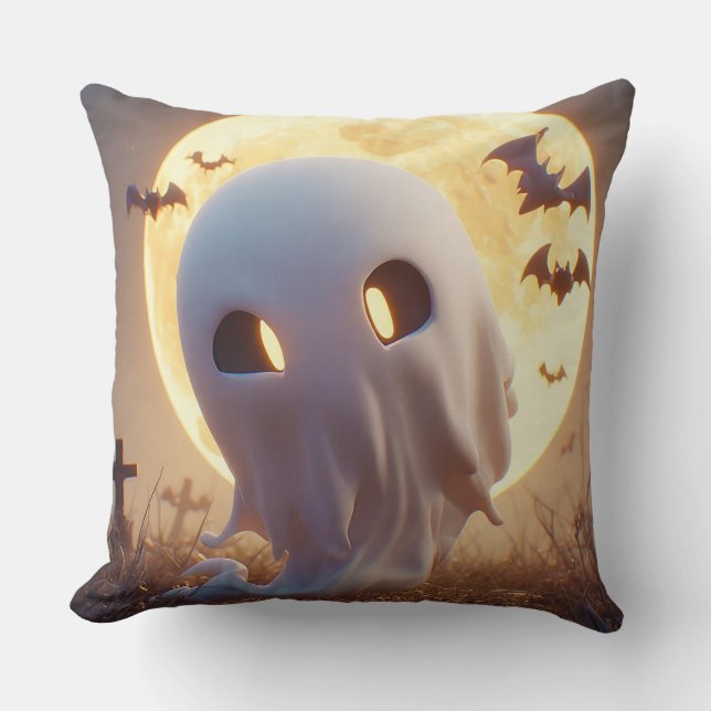 Spooky Ghost Cartoon With Bats Cushion (Front)