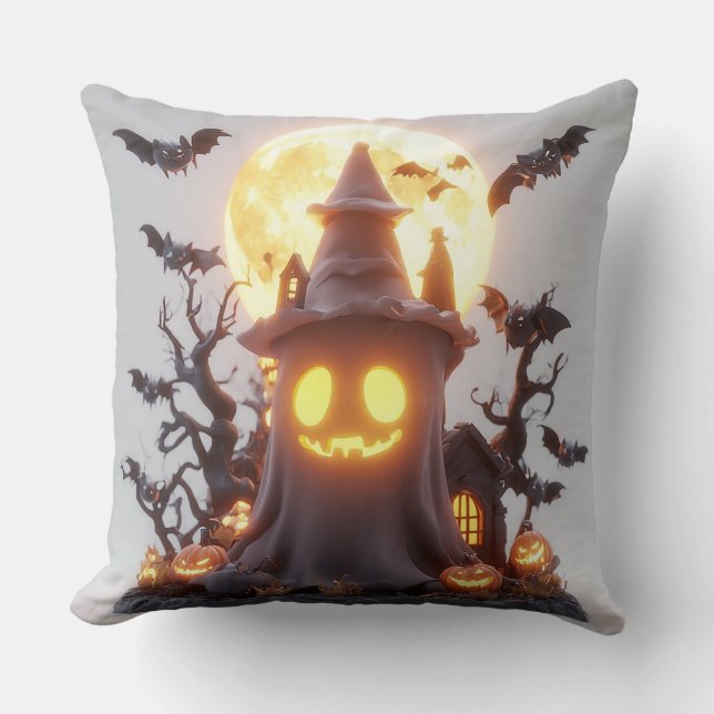 Spooky Ghost Cartoon With Bats Cushion (Front)
