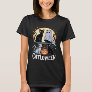 Spooky Ghost Cats Girl Pumpkin Black Cat Halloween T-Shirt