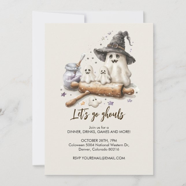 Spooky Ghost Chef with rolling pin, Halloween Invitation (Front)