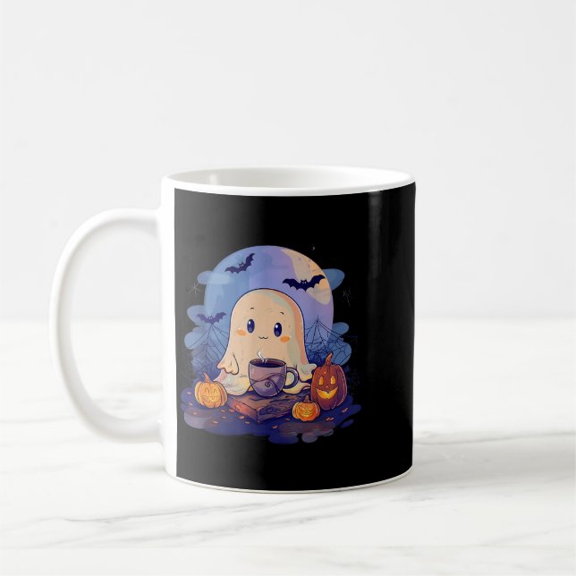Spooky Ghost Costume Coffee Pumpkin Spider Web Mug (Left)