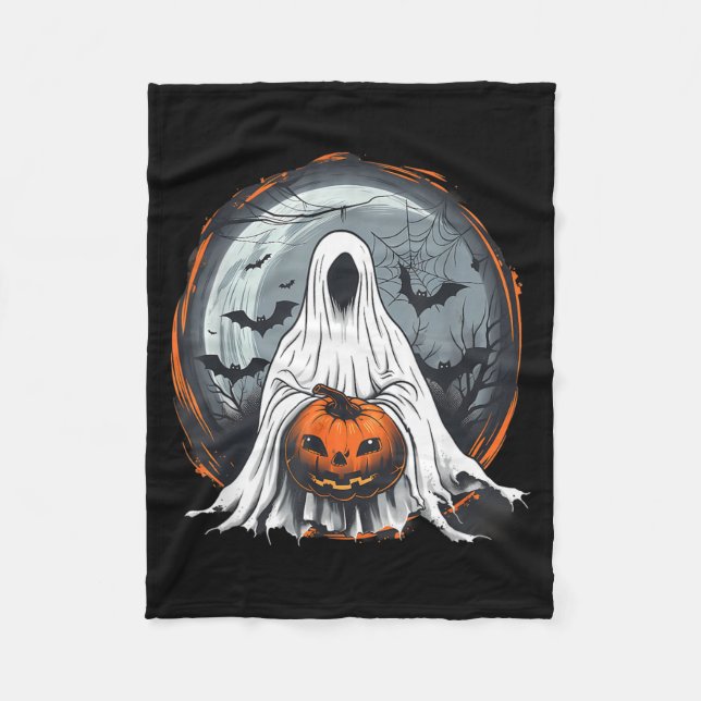 Spooky Ghost Costume Pumpkin Bats Spider Web Fleece Blanket (Front)
