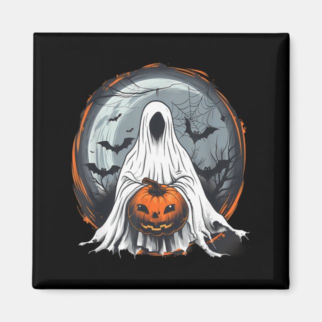 Spooky Ghost Costume Pumpkin Bats Spider Web Magnet (Front)