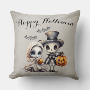 Spooky Ghost Doll and Skeleton Halloween Cushion