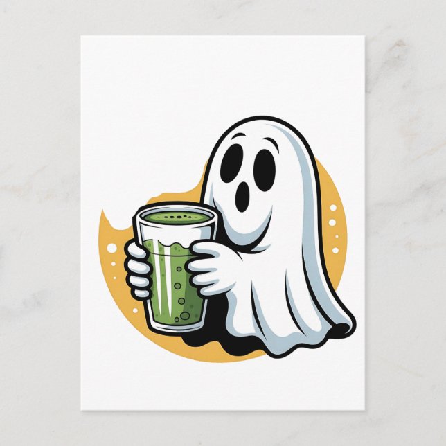 Spooky Ghost Drinking Matcha Halloween  Invitation Postcard (Front)