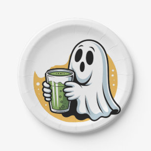 Spooky Ghost Drinking Matcha Halloween Paper Plate