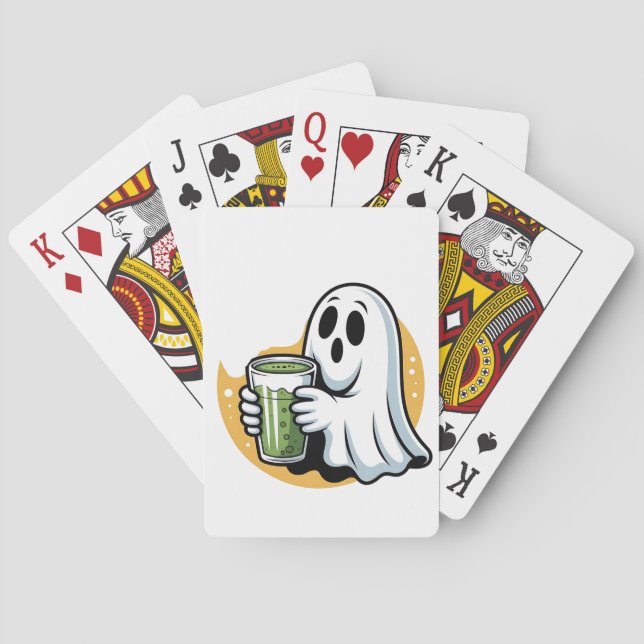 Spooky Ghost Drinking Matcha Halloween  Playing Cards (Back)