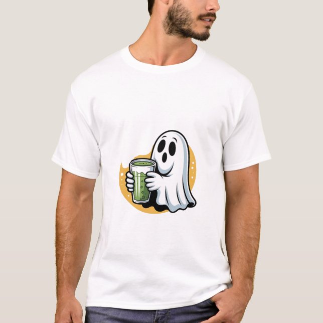 Spooky Ghost Drinking Matcha Halloween  T-Shirt (Front)