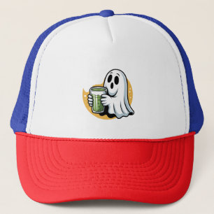 Spooky Ghost Drinking Matcha Halloween  Trucker Hat
