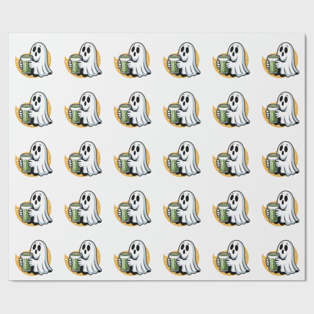 Spooky Ghost Drinking Matcha Halloween  Wrapping Paper (Flat)