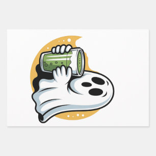 Spooky Ghost Drinking Matcha Halloween  Wrapping Paper Sheet
