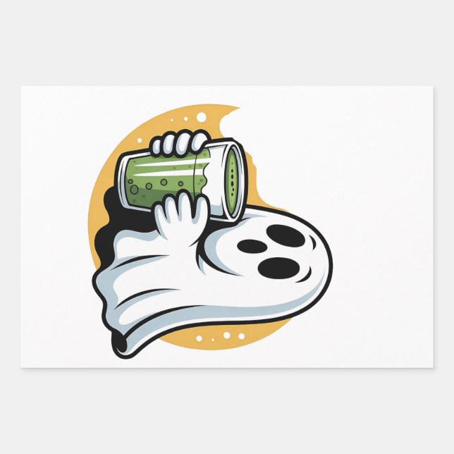 Spooky Ghost Drinking Matcha Halloween  Wrapping Paper Sheet (Front)