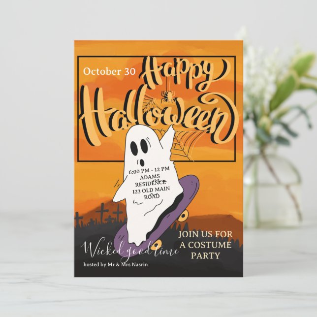 Spooky Ghost Halloween Costume Party Invitation (Standing Front)