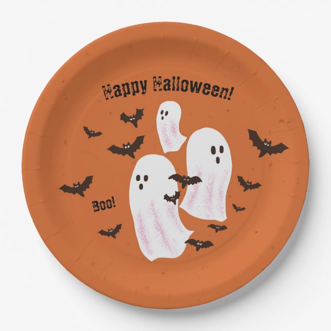 Spooky Ghost Halloween Paper Party Plates (Front)