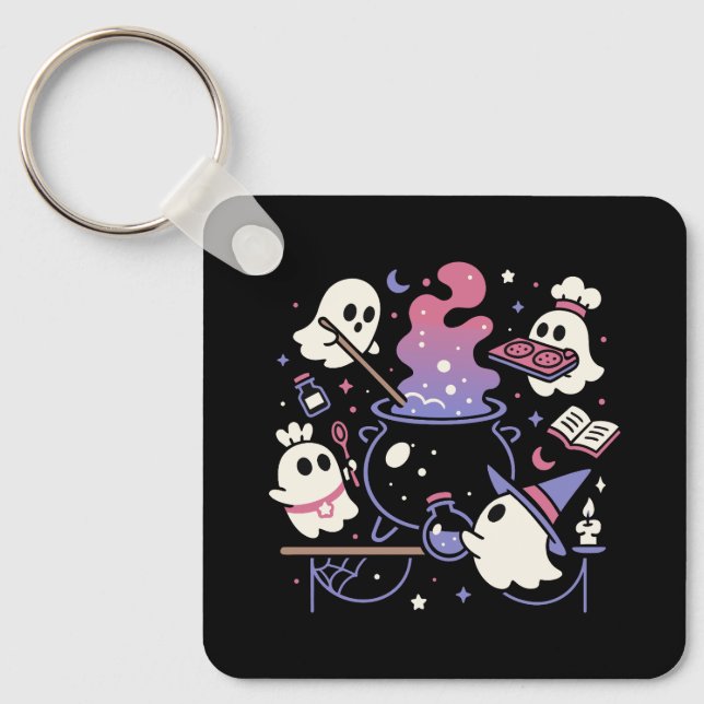 Spooky Ghost Halloween Witch Caldron Key Ring (Front)