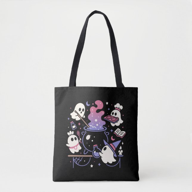 Spooky Ghost Halloween Witch Cauldron Tote Bag (Front)