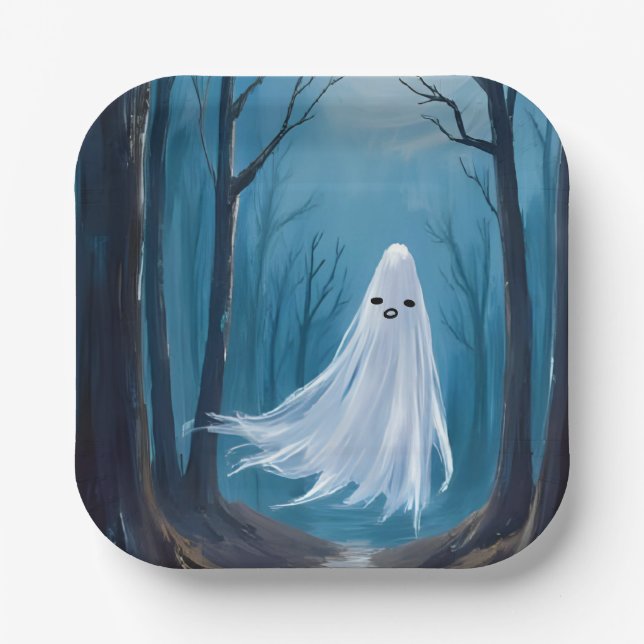 Spooky Ghost | Happy Halloween Party Paper Plate (Front)
