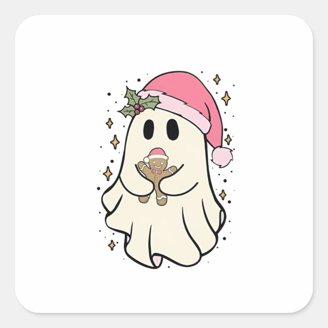 Spooky Ghost Holding a Gingerbread Christmas Square Sticker (Front)