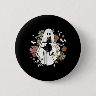 Spooky Ghost Holding Black Cat Groovy Floral 6 Cm Round Badge