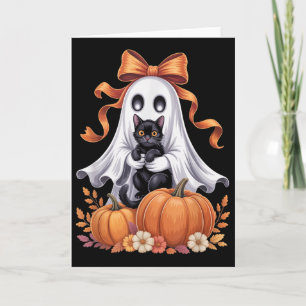 Spooky Ghost Holding Black Cat Groovy Floral Hallo Card