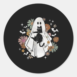 Spooky Ghost Holding Black Cat Groovy Floral Hallo Classic Round Sticker